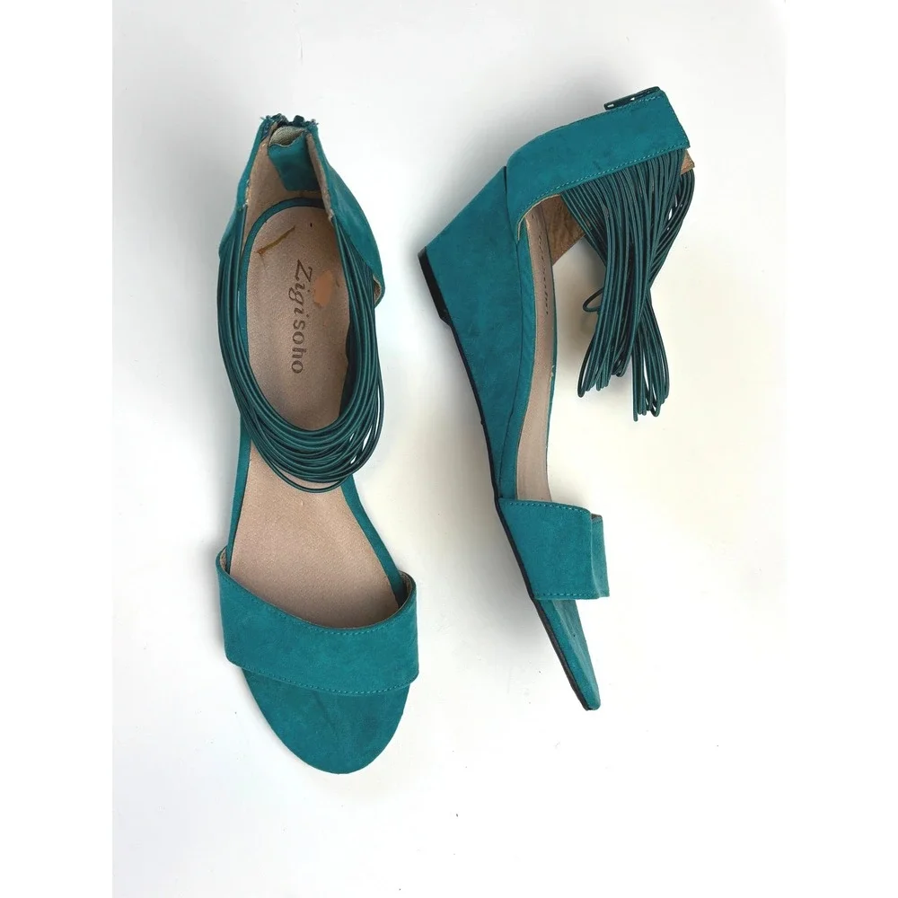 Zigi Soho Hoppy Wedge Sandals Teal Womens 10 Strappy Ankle Wrap Zipper Back